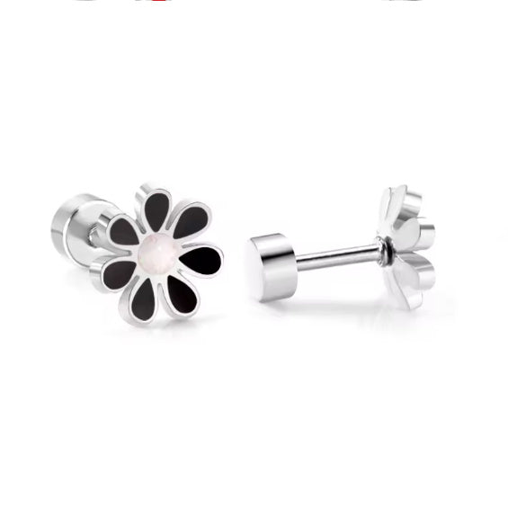 stainless steel daisy stud earrings with 18k gold PVD nickel-free finish in various colors.