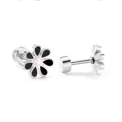 stainless steel daisy stud earrings with 18k gold PVD nickel-free finish in various colors.