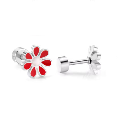 stainless steel daisy stud earrings with 18k gold PVD nickel-free finish in red