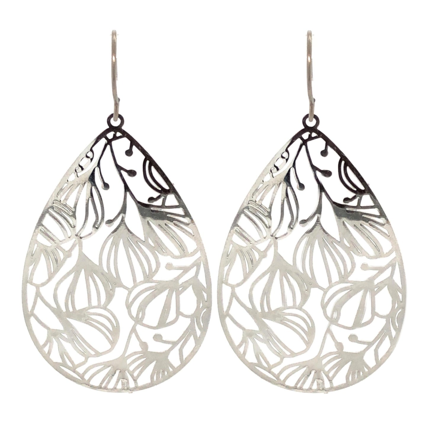 A pair of silver floral filigree teardrop dangle earrings with a polished stainless steel finish, designed for invisible clip-on wear.