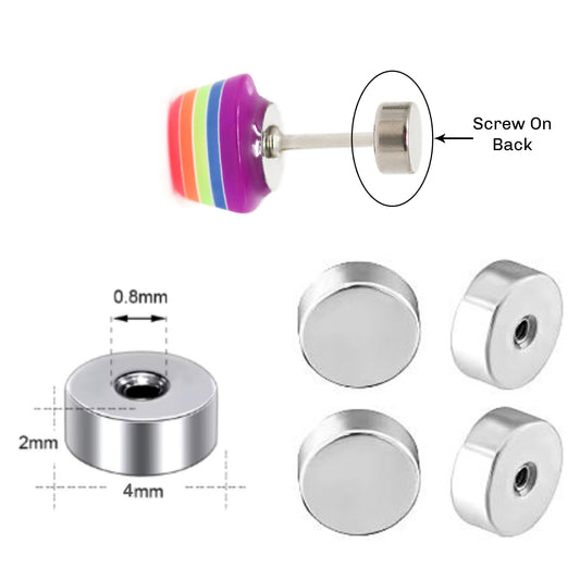 Stainless steel flat screw on earring backs with a colorful earring post, showing dimensions and materials.