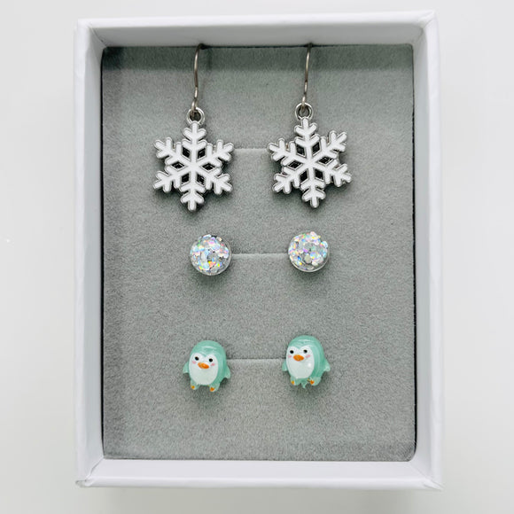 10mm Aqua Penguin, 8mm Silver Glitter, Snowflake Dangle - Earrings Set