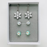 10mm Aqua Penguin, 8mm Silver Glitter, Snowflake Dangle - Earrings Set