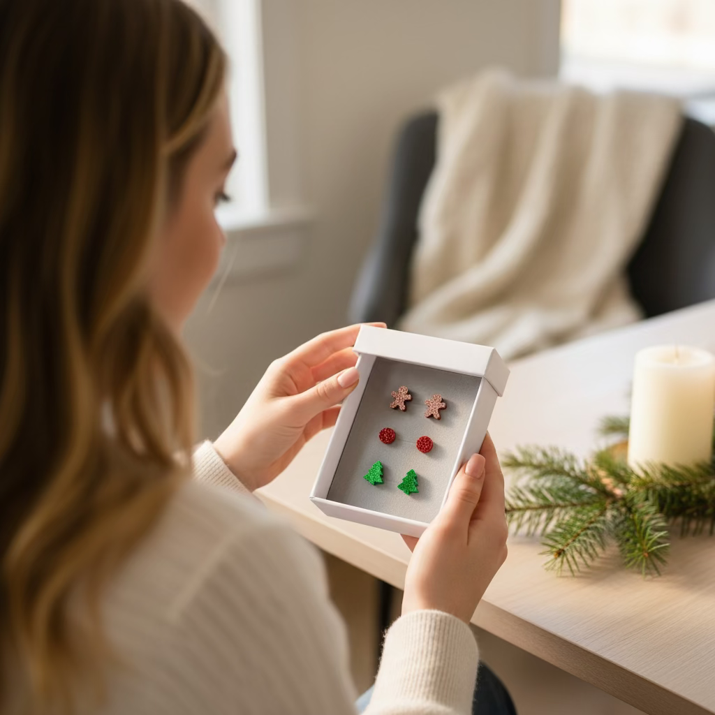 model opening a Set of 3 festive-themed earrings in a white box with gray interior.