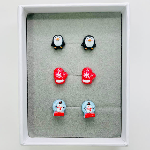 10mm Penguin, Mitten, Snowglobe - Stud Earrings Set