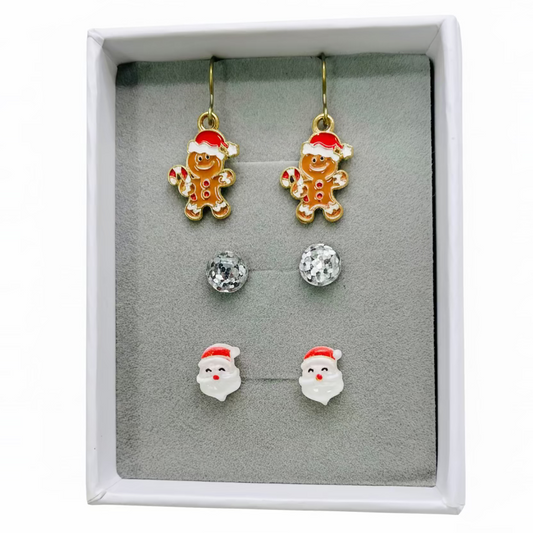 Glitter,  Santa studs With Gingerbread Dangle - Earrings Gift Set