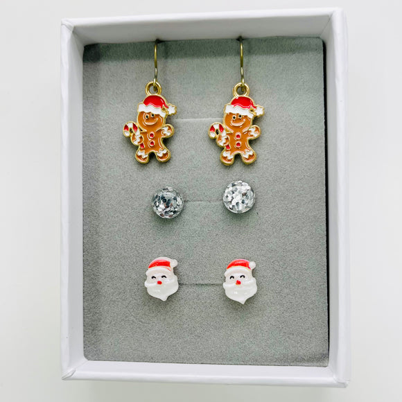 8mm Silver Glitter,  10mm Santa & Gingerbread Dangle - Earrings Set
