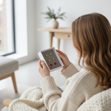model opening a Set of 3 colorful round earrings in a box