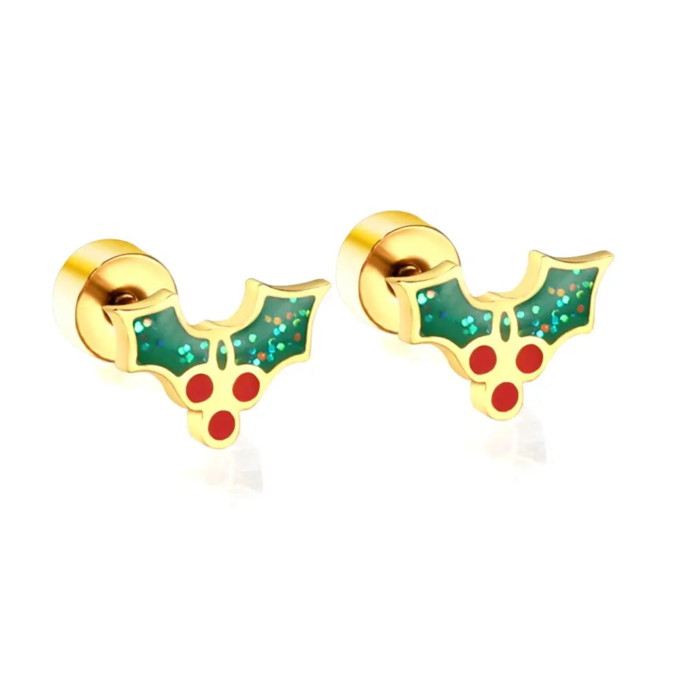 A pair of dainty holly stud earrings with a gold PVD coating and red, green, and white color scheme.