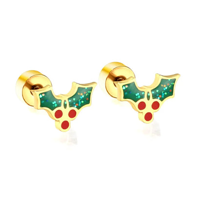 A pair of dainty holly stud earrings with a gold PVD coating and red, green, and white color scheme.