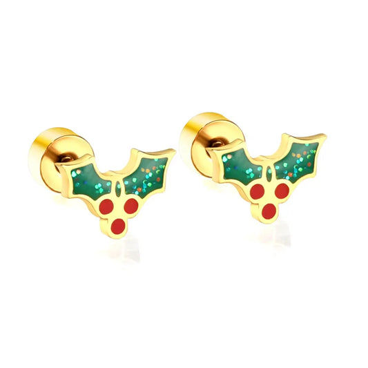 A pair of dainty holly stud earrings with a gold PVD coating and red, green, and white color scheme.