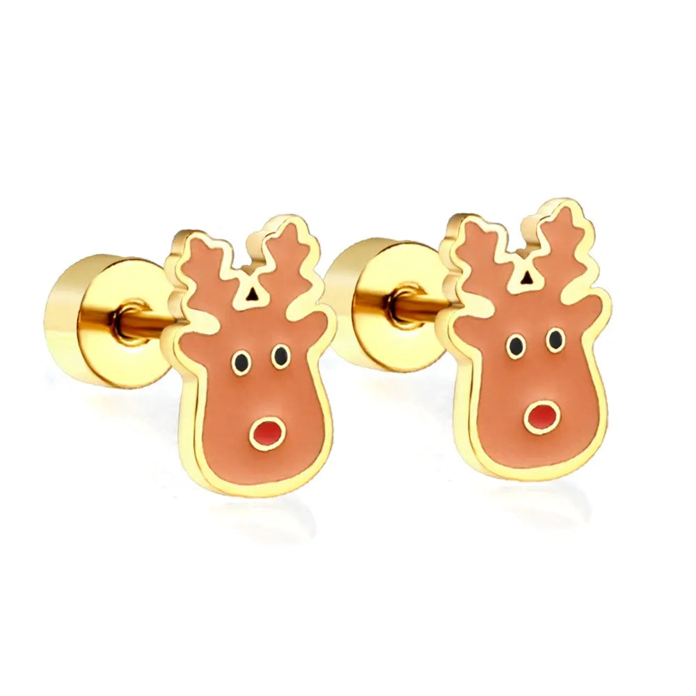 A pair of gold-colored screw-back reindeer earrings with a flat back closure.