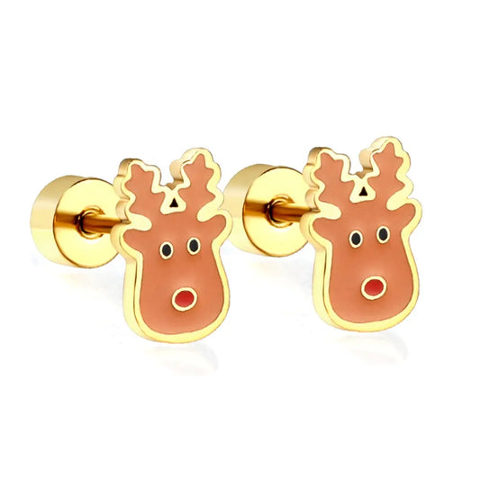 A pair of gold-colored screw-back reindeer earrings with a flat back closure.