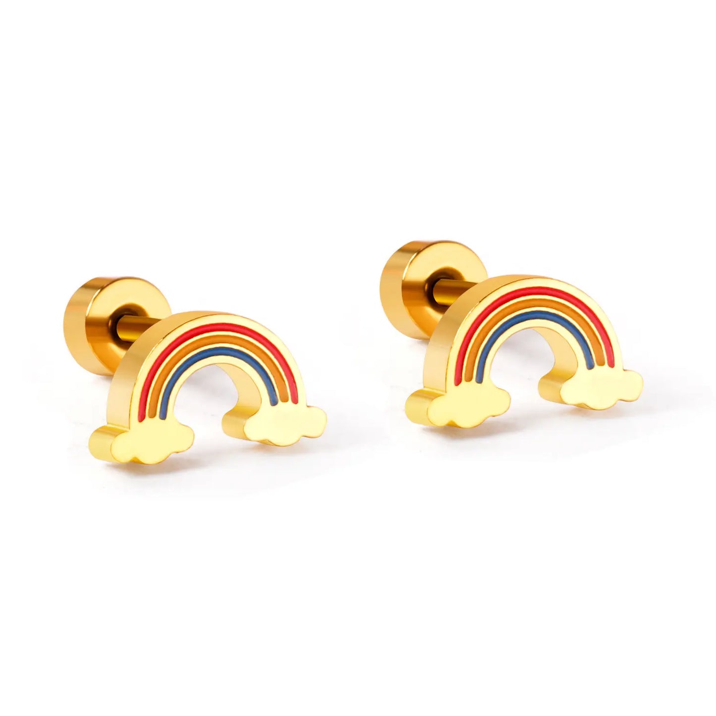 A pair of screw back, rainbow earrings with a gold PVD coating.