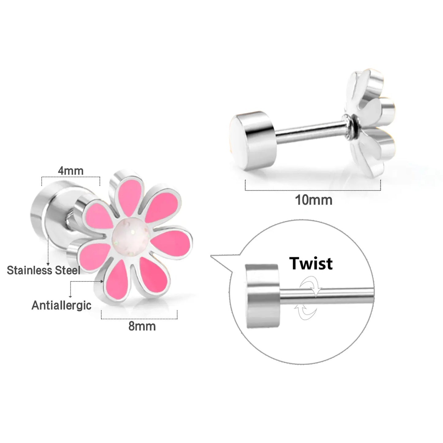 stainless steel daisy stud earrings with 18k gold PVD nickel-free finish in pink