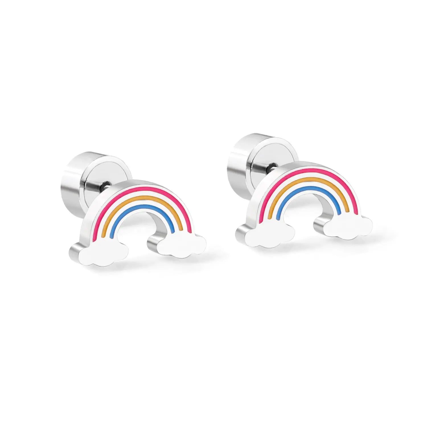 A pair of screw back, rainbow earrings with a gold PVD coating.