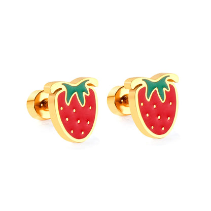 A pair of gold-colored screw back earrings designed to resemble a strawberry, with a red and green strawberry pattern on a white background.