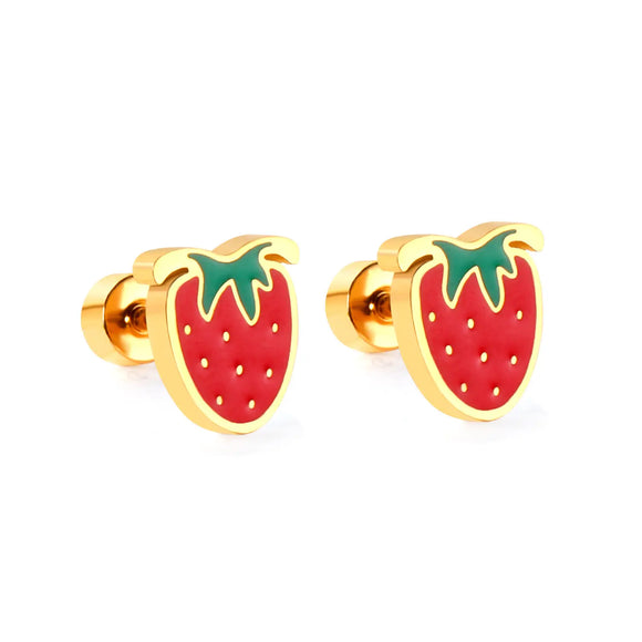 Stainless Steel, PVD 18k Gold Coating, Screw on Flat Backs, Strawberry