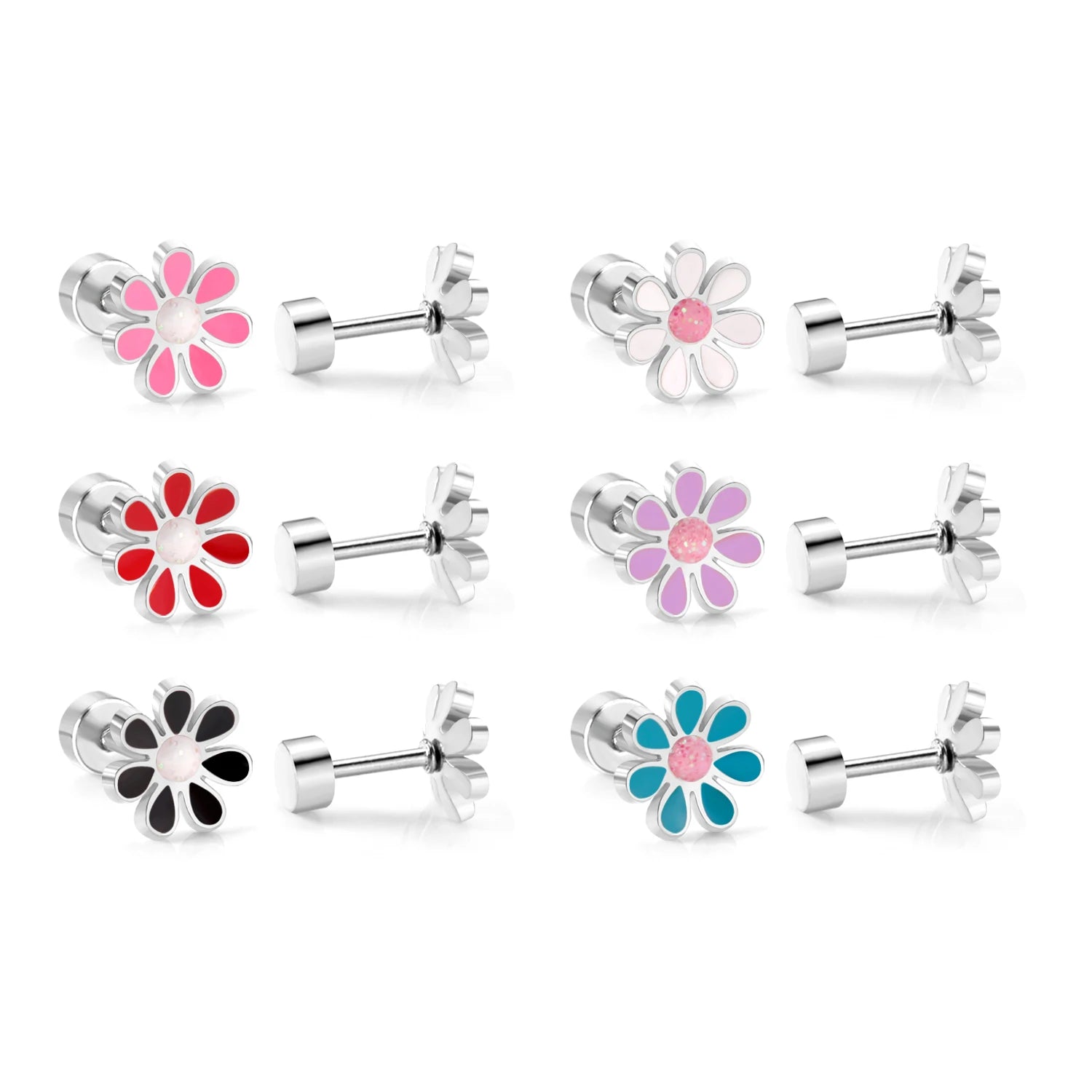 A collection of 6 stainless steel daisy stud earrings with 18k gold PVD nickel-free finish in various colors.