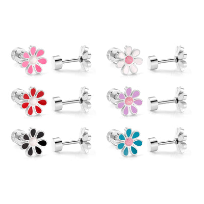 A collection of 6 stainless steel daisy stud earrings with 18k gold PVD nickel-free finish in various colors.