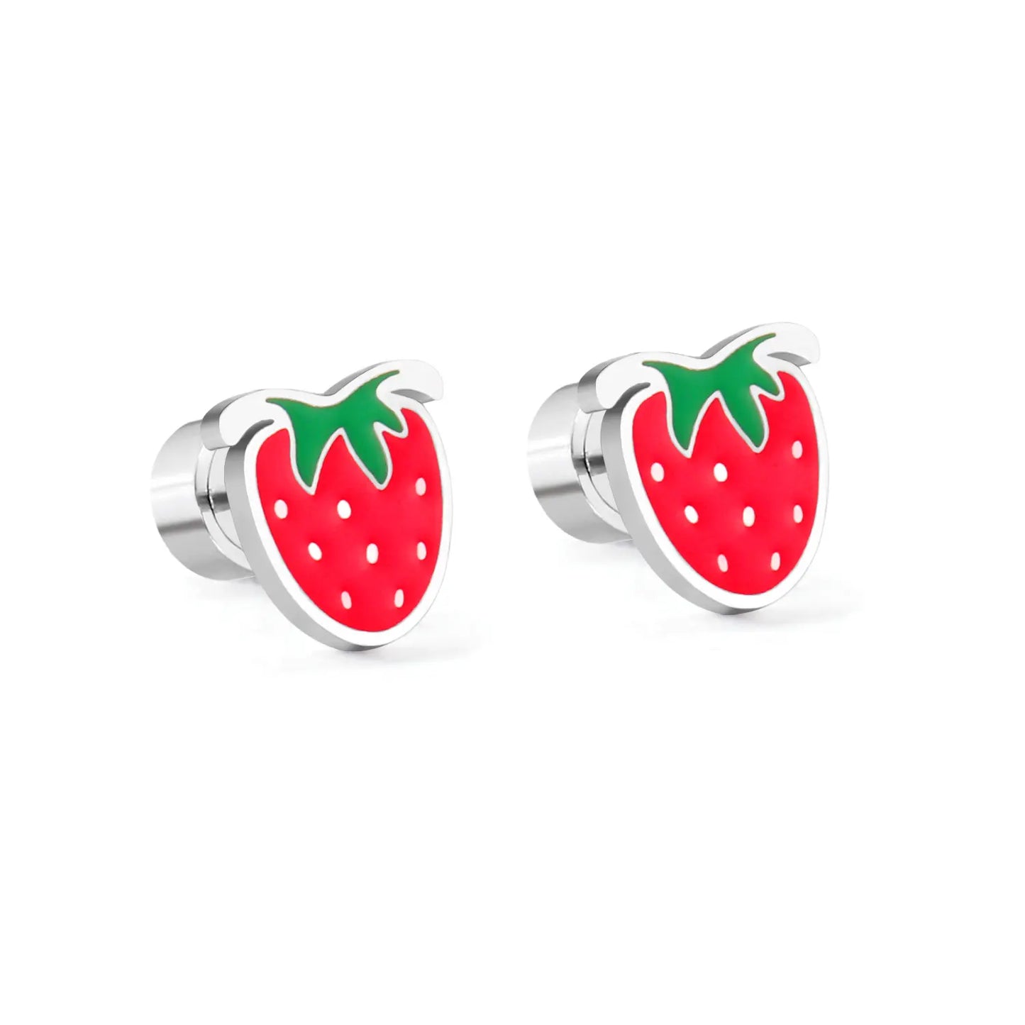 A pair of gold-colored screw back earrings designed to resemble a strawberry, with a red and green strawberry pattern on a white background.