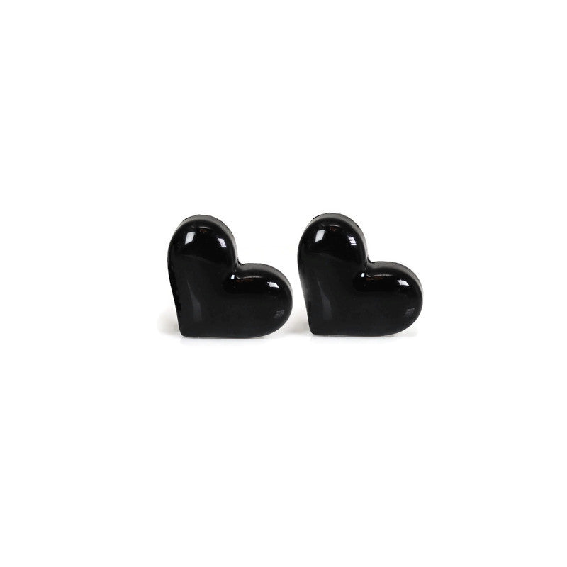 A set of heart-shaped stud earrings in various colors including black, red, pink, white, and purple, displayed in a row.