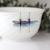 Dangle Earrings, Invisible Clip On or Plastic Hooks Iridescent Rainbow Dragonfly