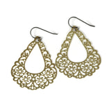 Dangle Earrings Large Floral Filigree Teardrop Invisible Clip On, Titanium or Plastic Hook