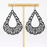 Dangle Earrings Large Floral Filigree Teardrop Invisible Clip On, Titanium or Plastic Hook