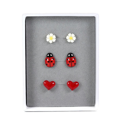 Daisy, Ladybug, Red Heart Stud Earring - Gift Set