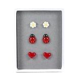 Boucles d'oreilles à tige marguerite, coccinelle et cœur rouge - Coffret cadeau