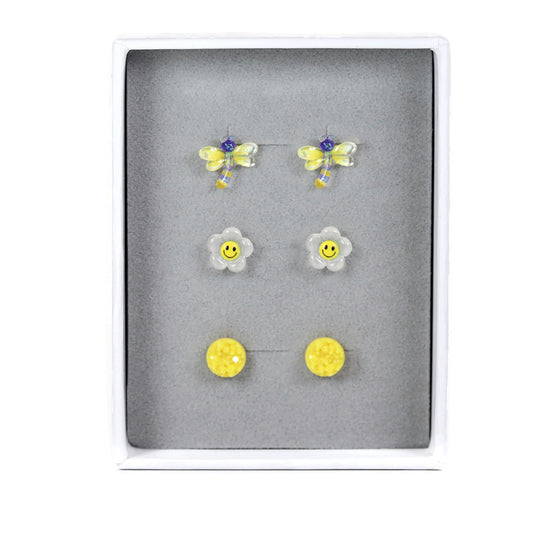 Smiley Face Daisy, Dragonfly, Yellow Druzy - Stud Earring Gift Set