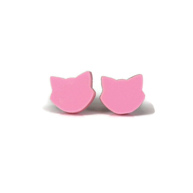 A pair of pink cat-shaped stud earrings made of acrylic, displayed against a white background.