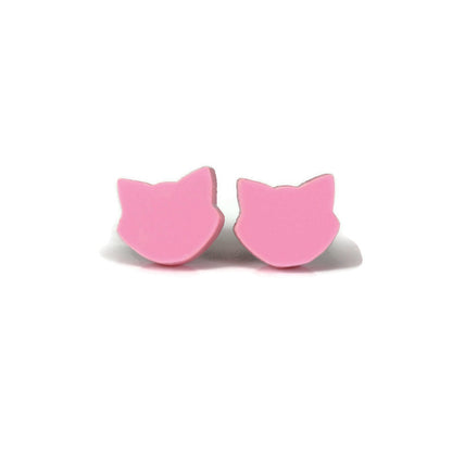 A pair of pink cat-shaped stud earrings made of acrylic, displayed against a white background.