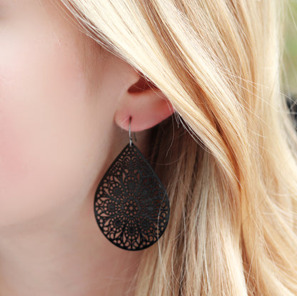 Lace Filigree Teardrop Dangle Earrings - 12 Colors