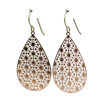 A pair of teardrop dangle earrings with a geometric design, available in different colors.