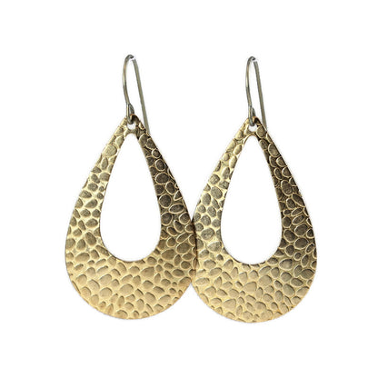 A pair of gold-colored embossed open teardrop dangle earrings with a lightweight design, showcasing a textured surface.