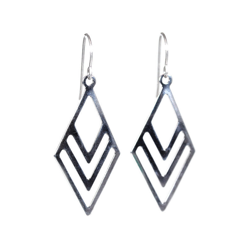 A pair of stainless steel geometric rhombus dangle earrings with a plastic hook.