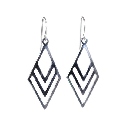 A pair of stainless steel geometric rhombus dangle earrings with a plastic hook.