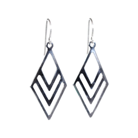 A pair of stainless steel geometric rhombus dangle earrings with a plastic hook.