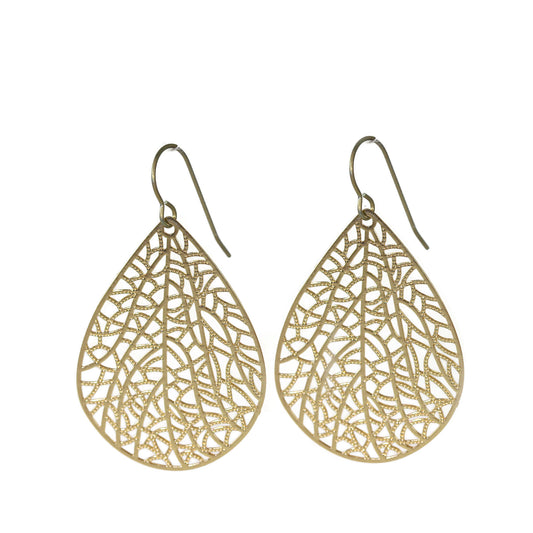 A pair of gold-colored teardrop dangle earrings with a filigree leaf pattern, designed for non-pierced ears.