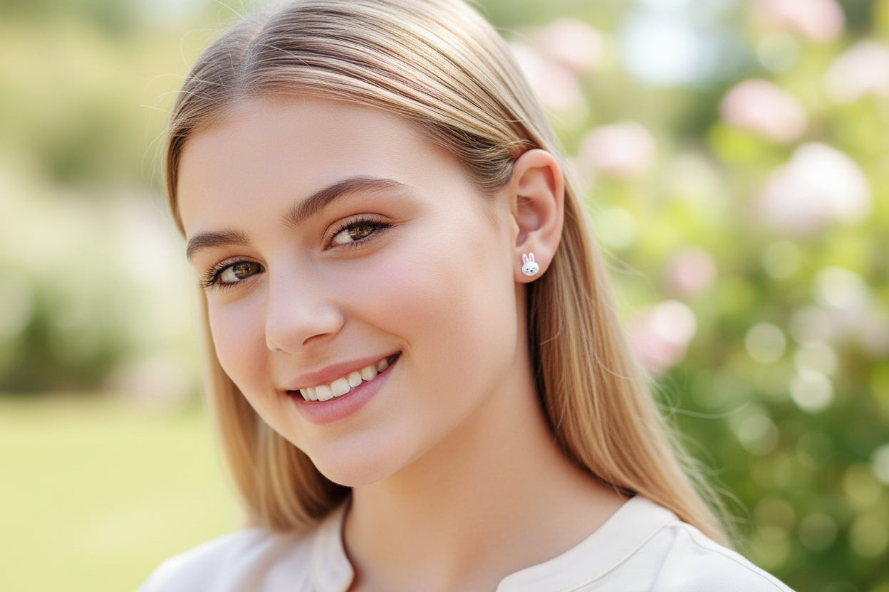 Close-up of an ear wearing a bunny-shaped earring with a blurred natural background