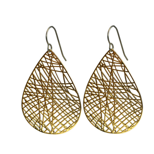 A pair of gold-colored teardrop dangle earrings with a filigree pattern.