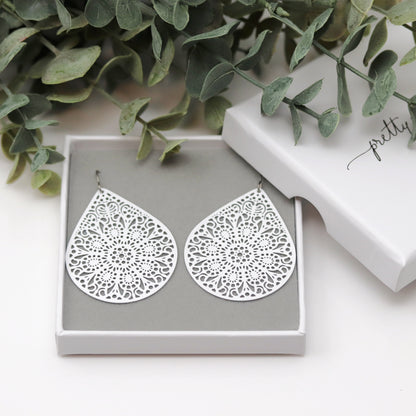Lace Filigree Teardrop Dangle Earrings - 12 Colors