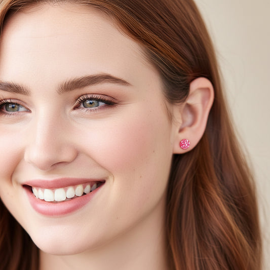 Close-up of an ear wearing red stud earrings with hair partially covering the face.