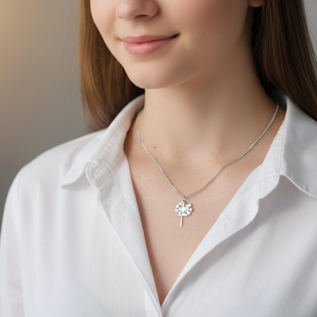 A dandelion flower necklace with a 18K gold PVD plated stainless steel chain and a lobster clasp on model