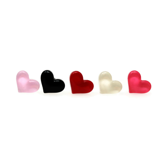A set of heart-shaped stud earrings in various colors including black, red, pink, white, and purple, displayed in a row.