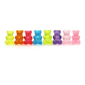 A series of colorful gummy bear-shaped stud earrings in various colors aligned in a row.