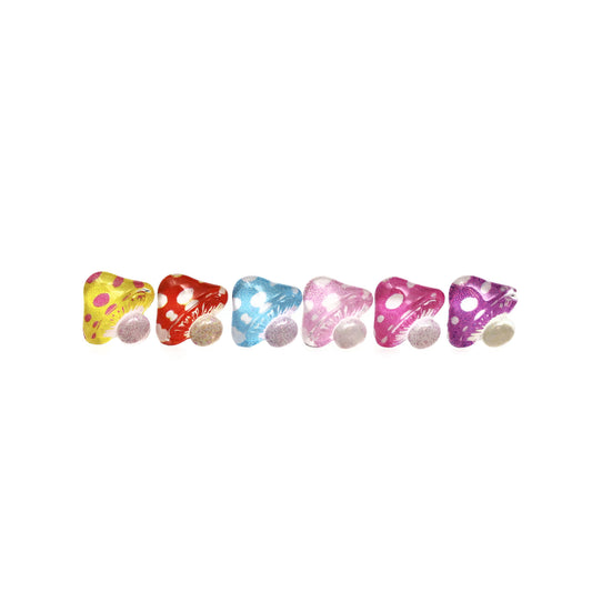 A set of colorful mushroom stud earrings in various colors displayed in a row.