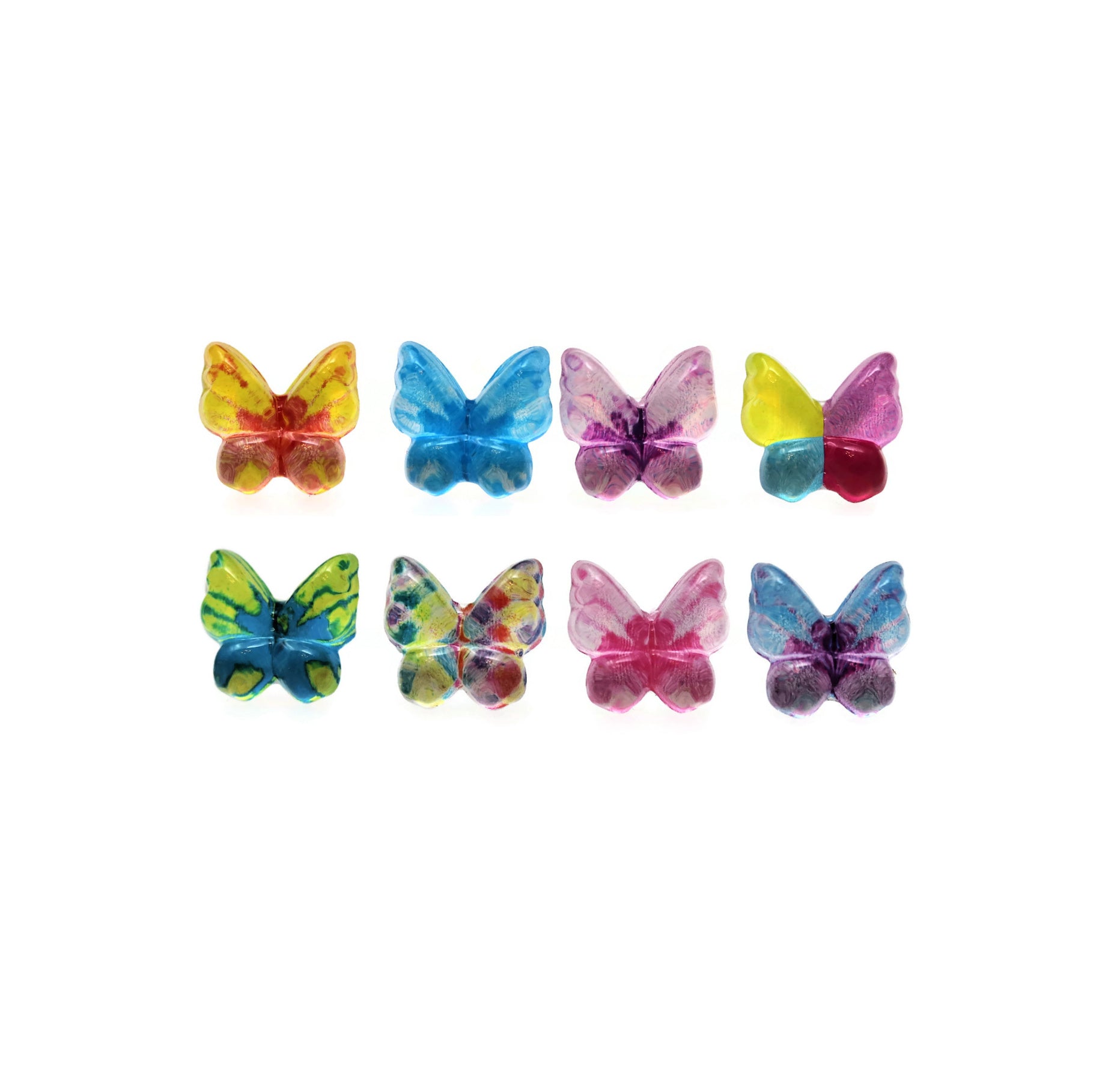 A collection of colorful butterfly-shaped stud earrings in various colors displayed against a white background.